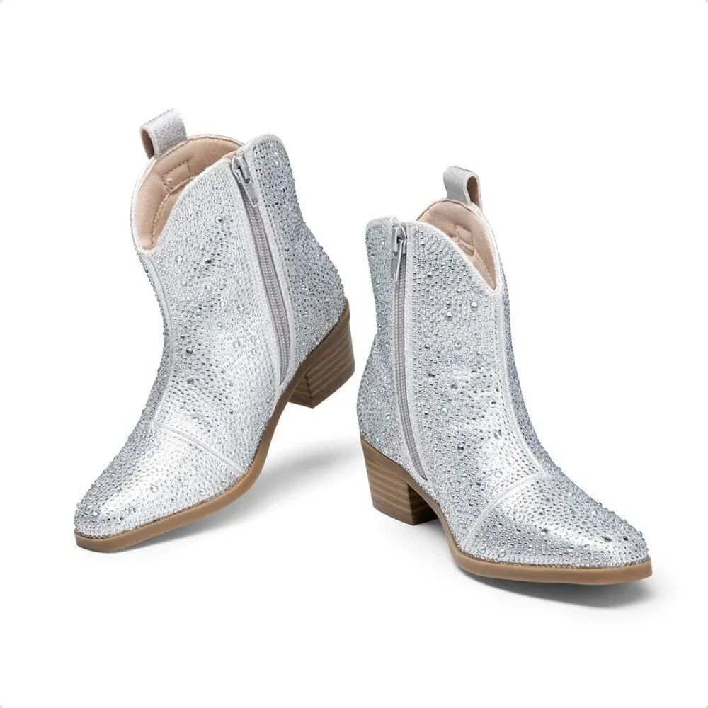 ⚡Girls Silver Cowgirl Rhinestone Zipper Boots Ankle Low Heel Dress Booties